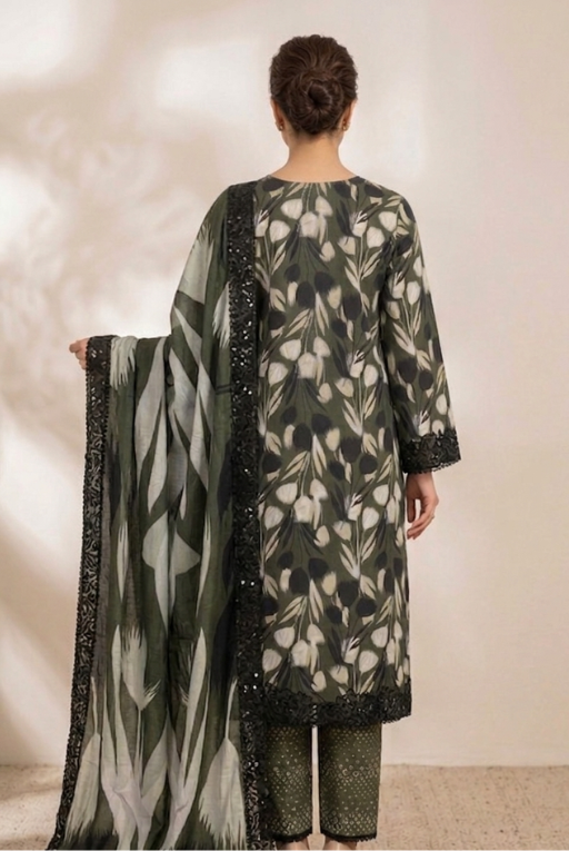 Olive Green Printed Women- 3 Piece Dress