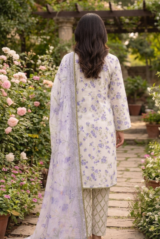 Off White Lavender Floral Lawn - 3 Piece dress
