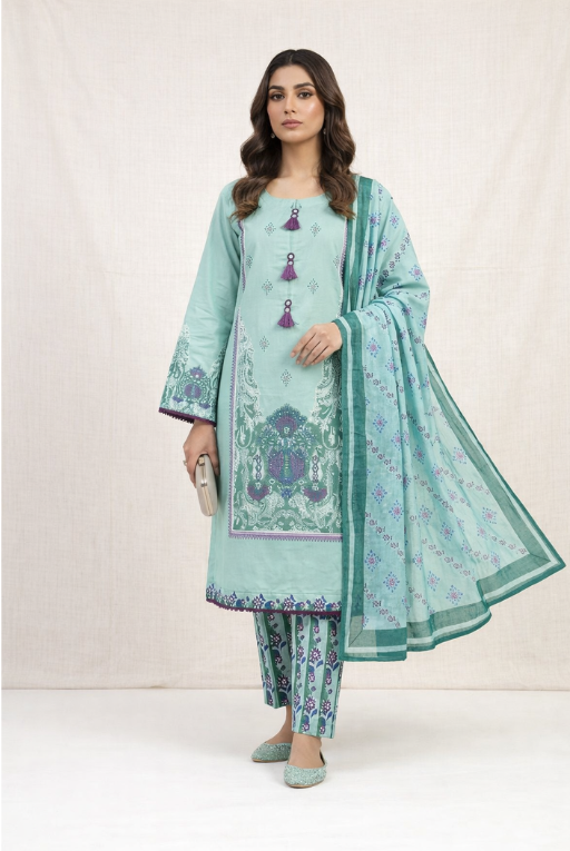Aqua Green Girls Printed Outfit- Breathable Summer Wear