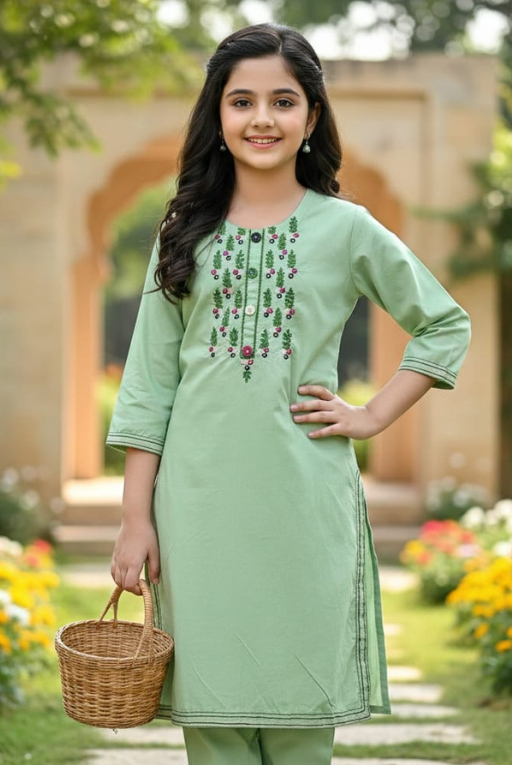Pista Cambric Kids Kurta Set | Floral Embroidered Design