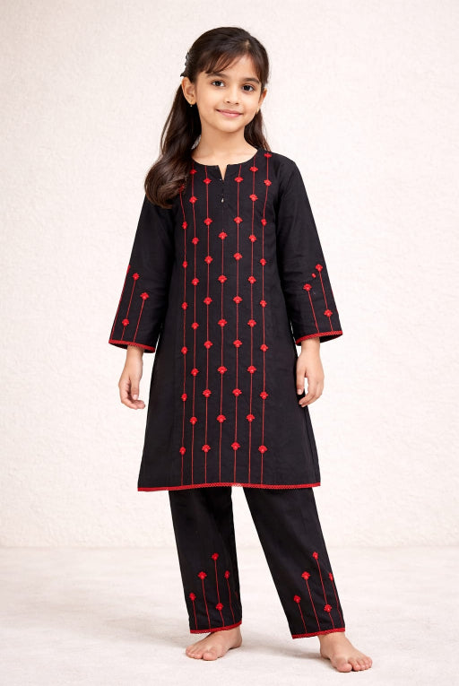 Black Red Girls Kurta Set – Elegant Stripe Design