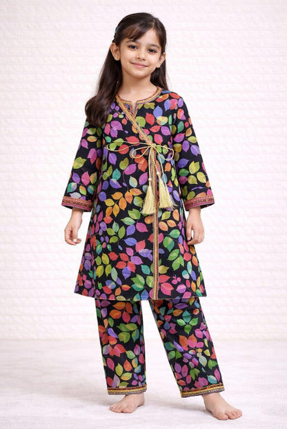 Black Leaf Kids Kurta Set | Soft & Breathable Girls Outfit