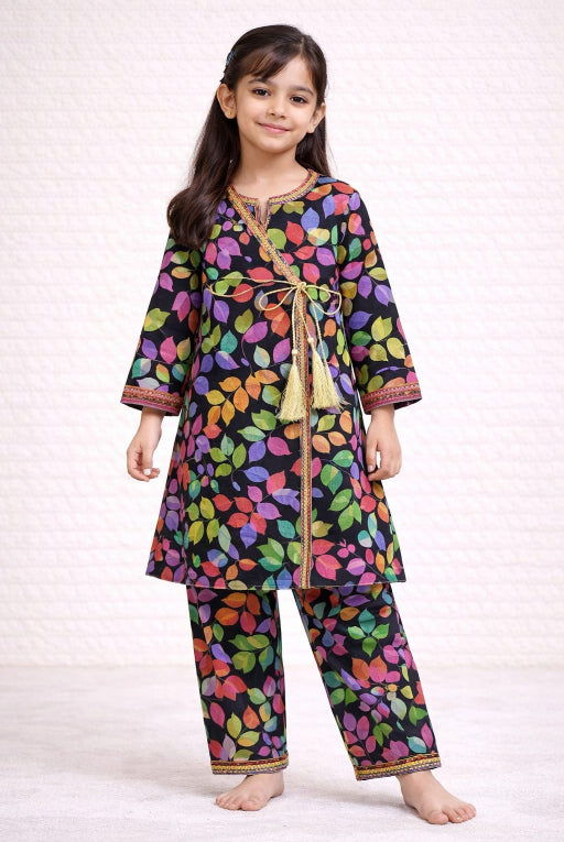 Black Leaf Kids Kurta Set | Soft & Breathable Girls Outfit