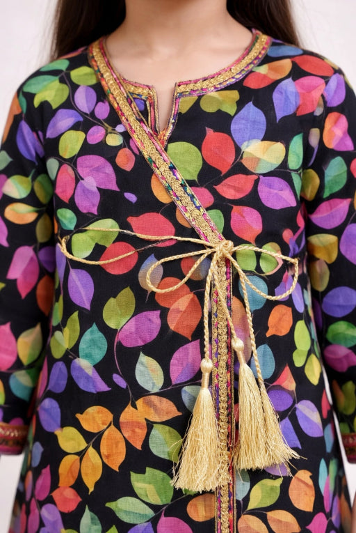 Black Leaf Kids Kurta Set | Soft & Breathable Girls Outfit