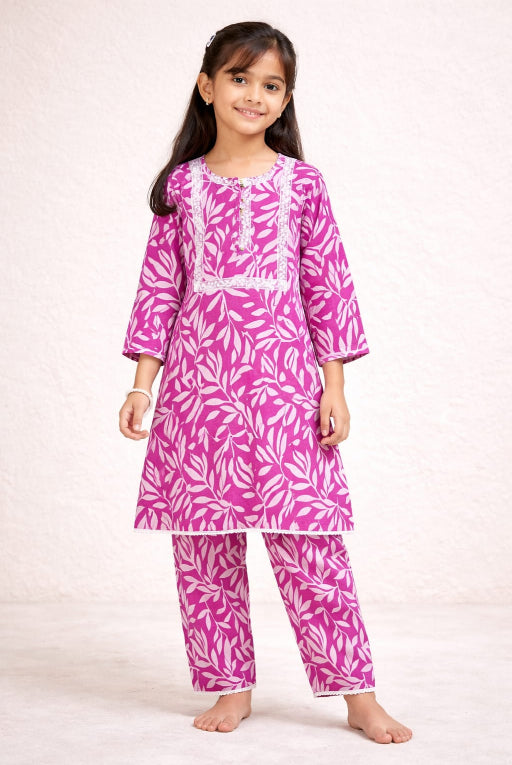 Pink Leaf Girls Kurta Set – Lightweight Everyday Wear