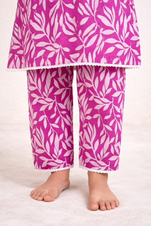 Pink Leaf Girls Kurta Set – Lightweight Everyday Wear