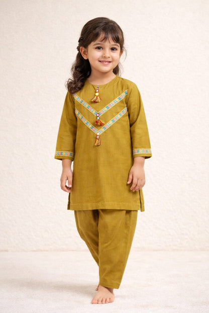 Mehndi Lace Kids Kurta Set | Elegant Girls Ethnic Wear