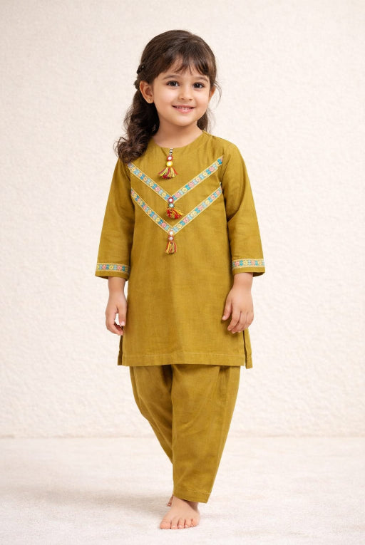Mehndi Lace Kids Kurta Set | Elegant Girls Ethnic Wear