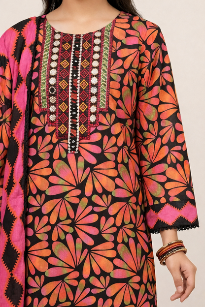 Black & Pink Floral Girls Dress - Soft & Breathable daily Wear