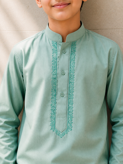 Mint Green Kids Kurta Pajama Set – Embroidered Festive Wear