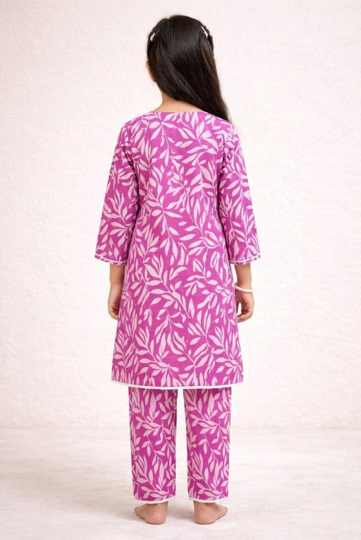 Pink Leaf Girls Kurta Set – Lightweight Everyday Wear