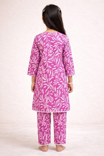 Pink Leaf Girls Kurta Set – Lightweight Everyday Wear