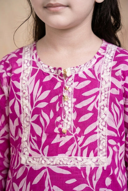 Pink Leaf Girls Kurta Set – Lightweight Everyday Wear