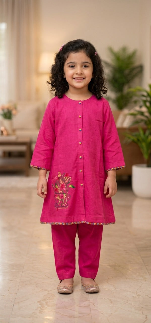 Shocking Pink Girls Kurta Set | Lightweight Everyday Wear