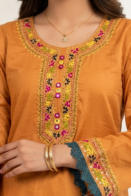 Mustard Traditional Threadwork Women – 3 piece dress