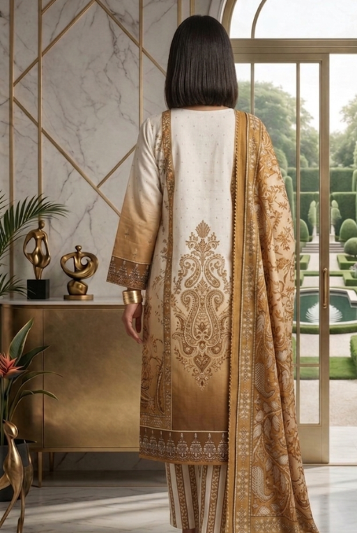 Beige Mustard Printed Lawn 3 Piece Suit – Elegant Summer Wear