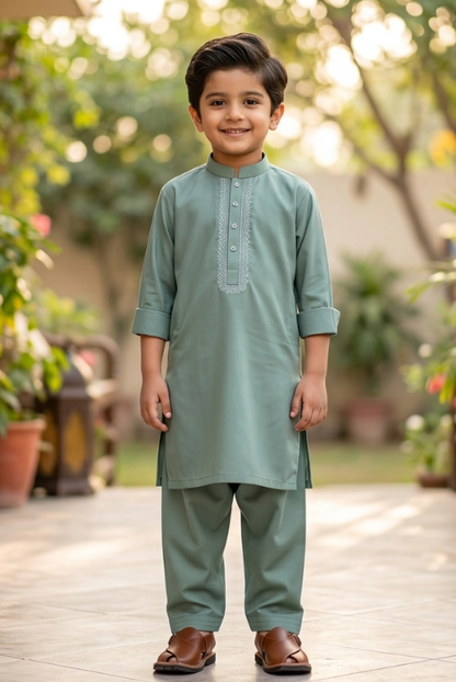 Sage Green Boys Kurta Shalwar – Traditional Embroidered Outfit