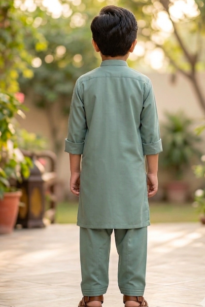 Sage Green Boys Kurta Shalwar – Traditional Embroidered Outfit