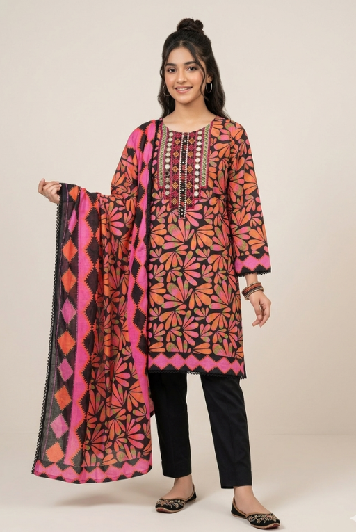 Black & Pink Floral Girls Dress - Soft & Breathable daily Wear