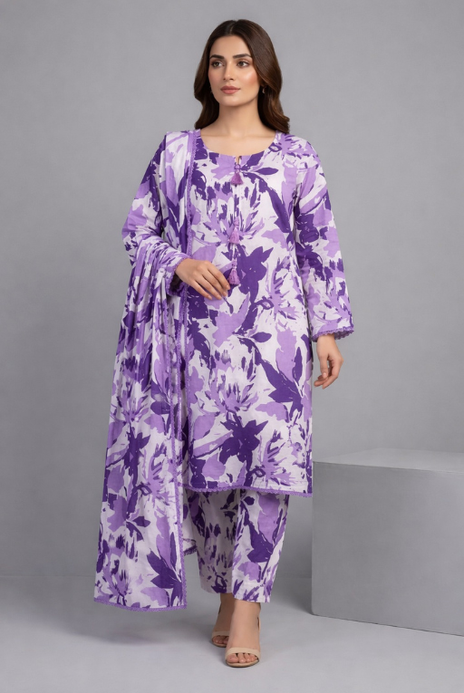 Purple Floral Printed - 3 Piece women Dress