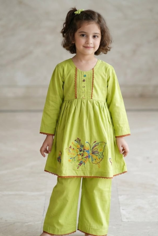 Green Bunch Breathable Kids Kurta Set – Artistic Printed Outfit