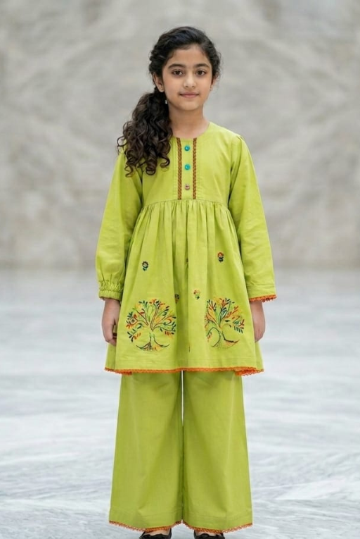 Green Bunch Breathable Kids Kurta Set – Artistic Printed Outfit