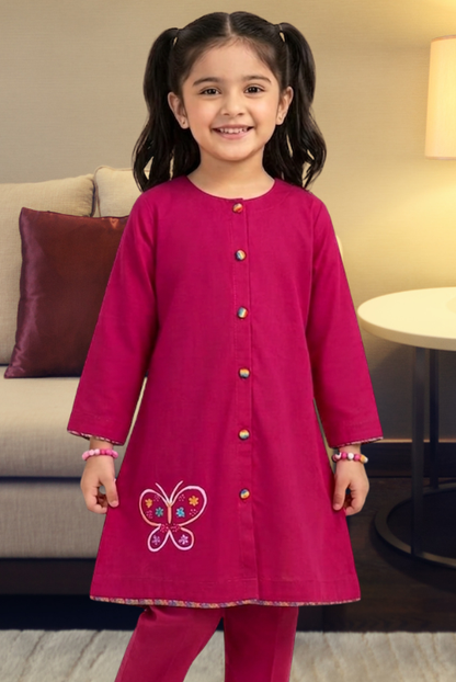 Shocking Pink Girls Kurta Set | Lightweight Everyday Wear