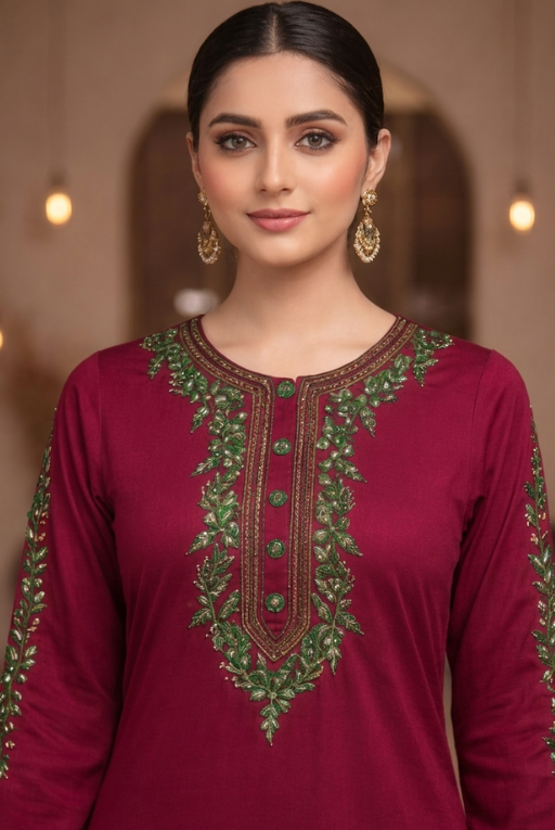 Maroon Embroidered Women- 3 piece dress