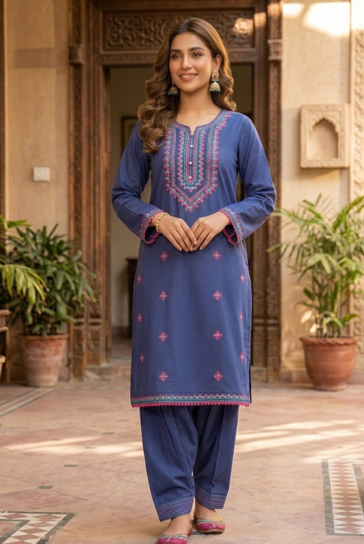 Blue Embroidered Women- 2 Piece dress