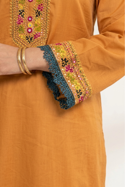 Mustard Traditional Threadwork Women – 3 piece dress