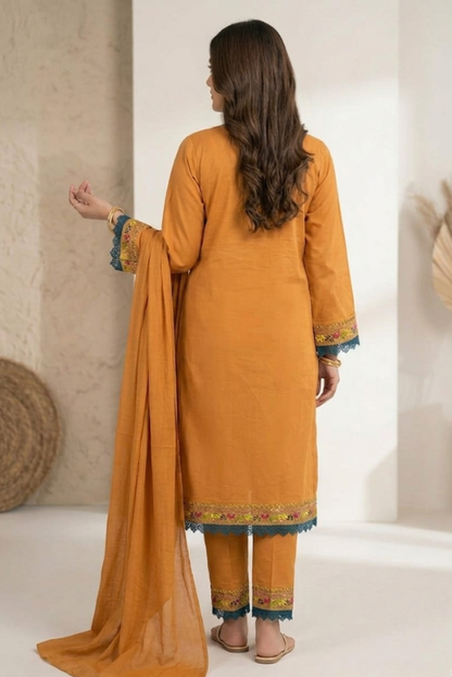 Mustard Traditional Threadwork Women – 3 piece dress