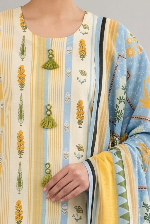 Blue & Yellow Printed women- 3 piece dress