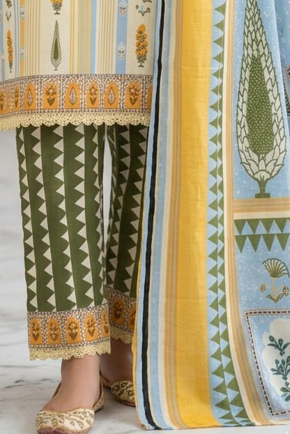 Blue & Yellow Printed women- 3 piece dress