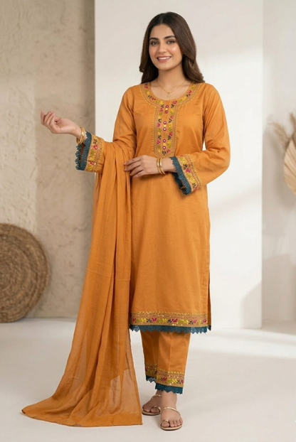 Mustard Traditional Threadwork Women – 3 piece dress