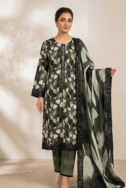 Olive Green Printed Women-  3 Piece Dress