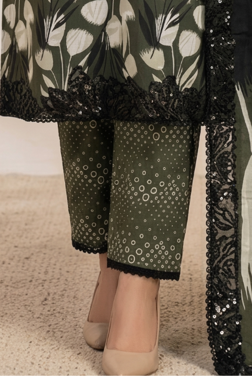 Olive Green Printed Women-  3 Piece Dress