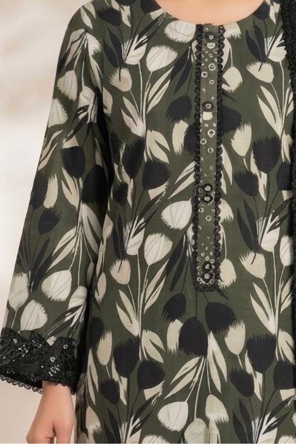 Olive Green Printed Women-  3 Piece Dress