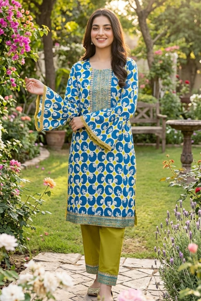 Blue & Lime Printed Lawn 2 Piece Suit – Stylish Summer Wear