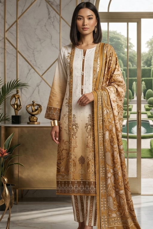 Beige Mustard Printed Lawn 3 Piece Suit – Elegant Summer Wear
