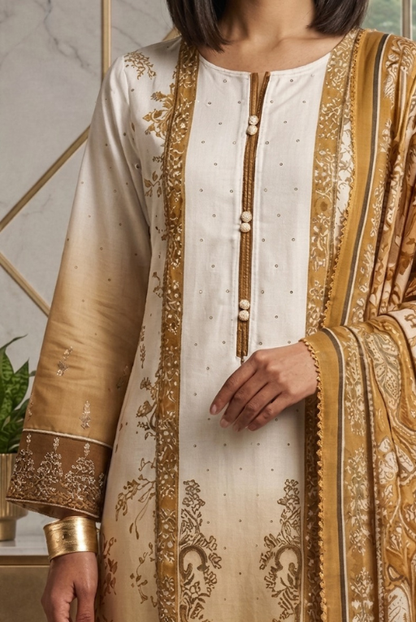 Beige Mustard Printed Lawn 3 Piece Suit – Elegant Summer Wear