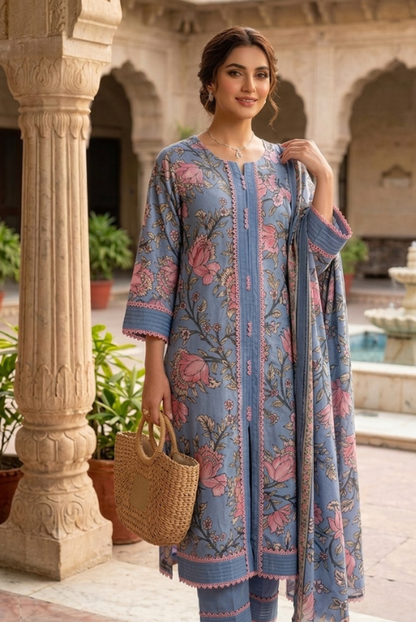 Blue Floral Lawn 3 Piece Suit with Lace – Elegant Summer Wear