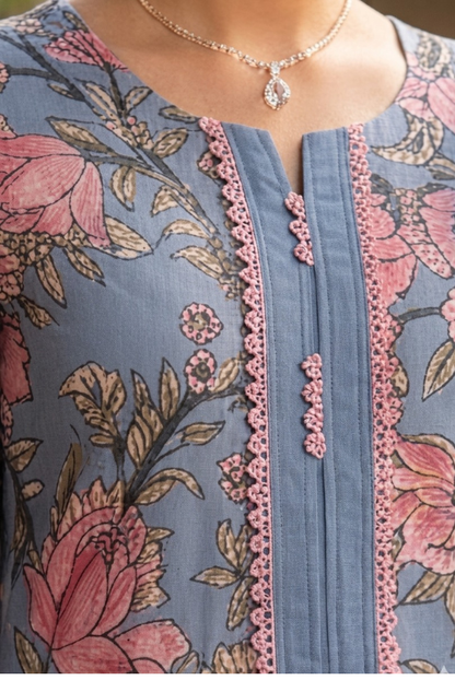 Blue Floral Lawn 3 Piece Suit with Lace – Elegant Summer Wear