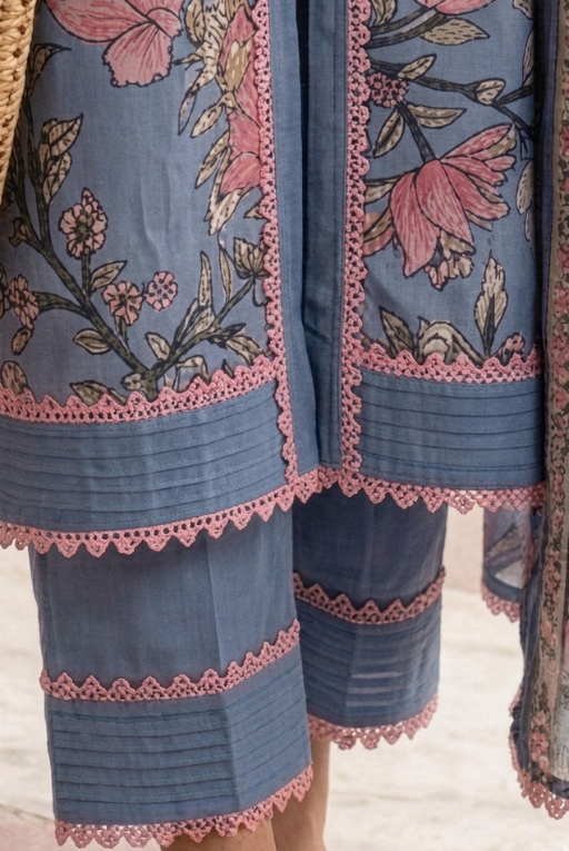 Blue Floral Lawn 3 Piece Suit with Lace – Elegant Summer Wear