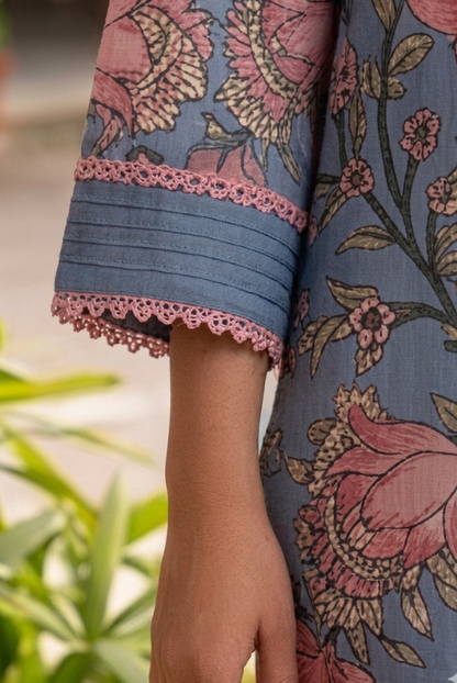Blue Floral Lawn 3 Piece Suit with Lace – Elegant Summer Wear