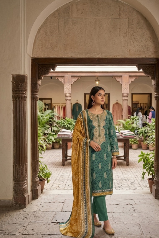 Green Printed Lawn 3 Piece Suit – Elegant Summer Wear