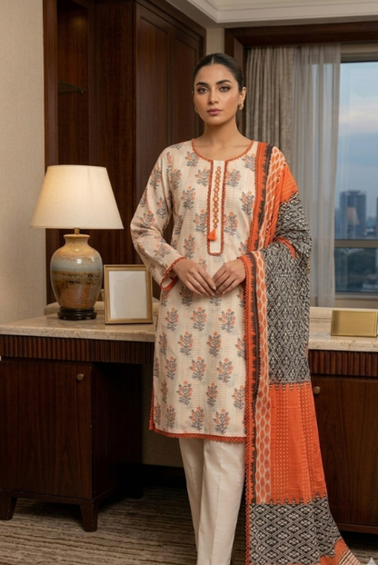 Beige Floral Lawn 3 Piece dress – Elegant Summer Wear
