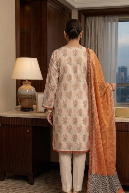 Beige Floral Lawn 3 Piece dress – Elegant Summer Wear