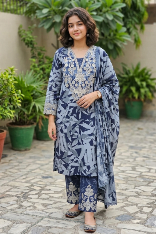 Slate Blue Printed Girls Dress –Soft & Breathable Wear