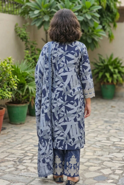 Slate Blue Printed Girls Dress –Soft & Breathable Wear