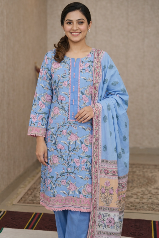 Sky Blue Floral Girls Dress-Lightweight Summer Outfit